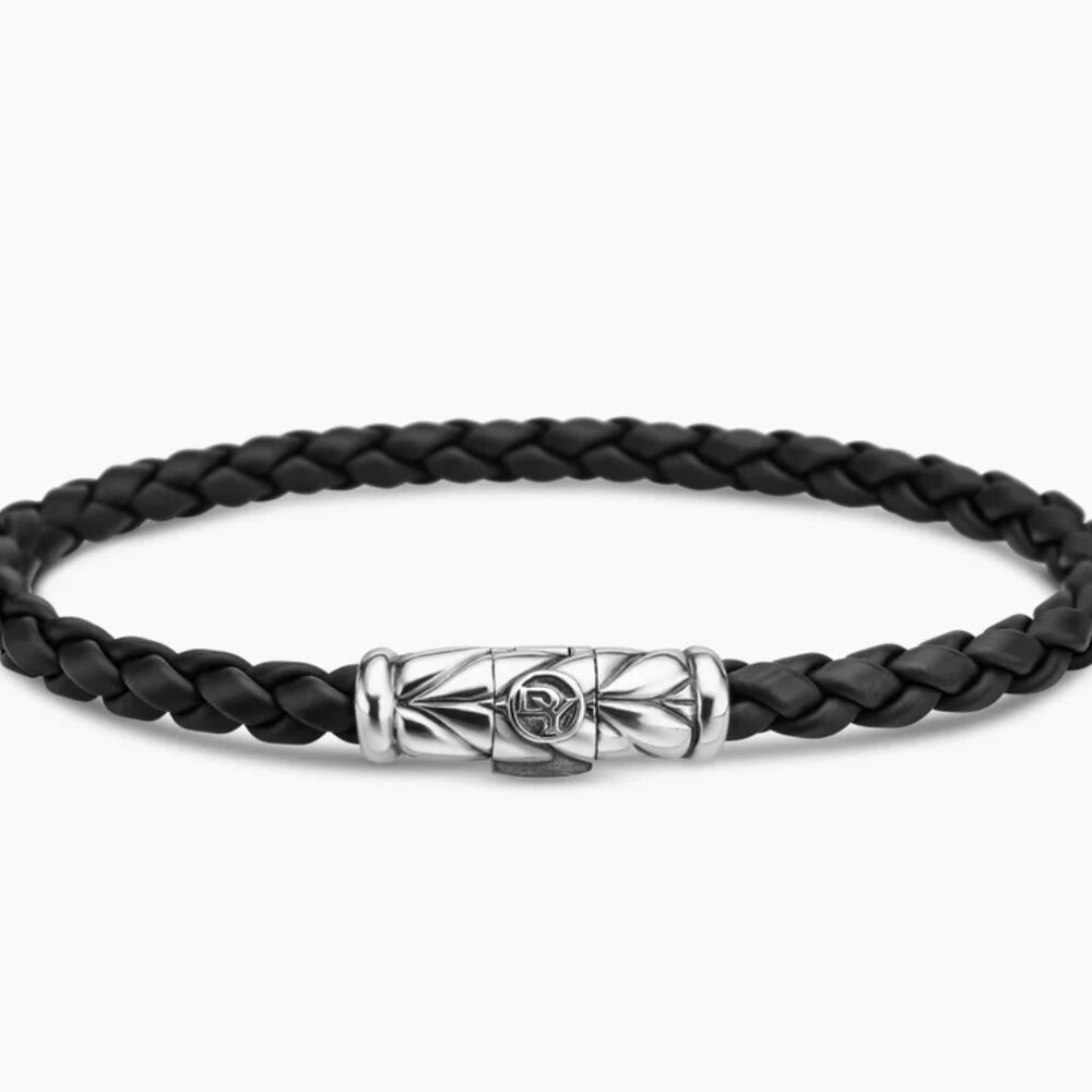 David Yurman Chevron Woven Bracelet Black Rubber Sterling Silver, 6mm 8.5 long